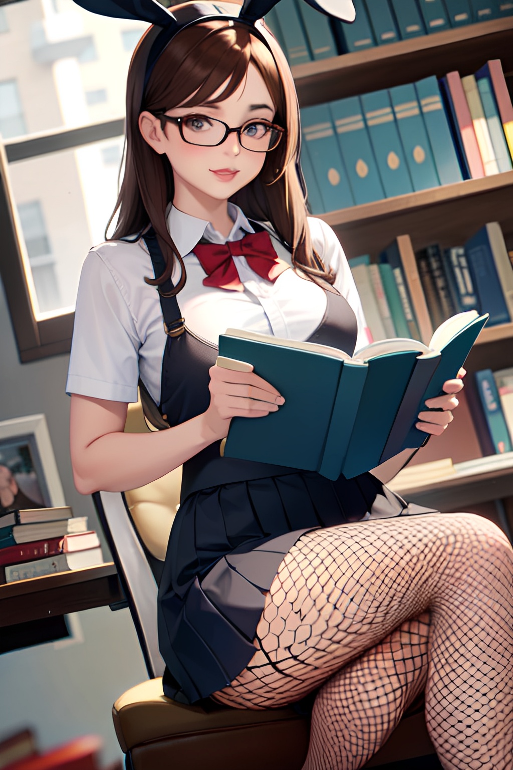 Seductive Bunny Schoolgirl Reading